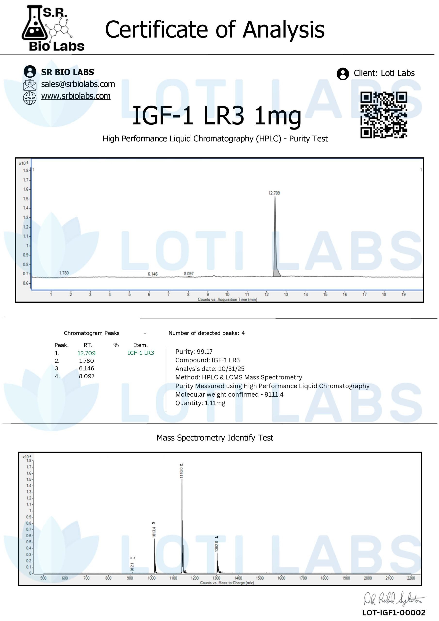 IGF-1 LR3 1mg 2 Certificate of analysis for IGF-1 LR3 1mg showing HPLC and mass spectrometry purity test results and chromatogram graphs from SR Bio Labs for Loti Labs.