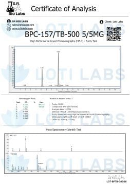 Certificate of analysis for BPC-157/TB-500 5/5MG showing HPLC purity test and mass spectrometry results, with chromatogram peaks and relevant compound data.
