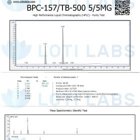 Certificate of analysis for BPC-157/TB-500 5/5MG showing HPLC purity test and mass spectrometry results, with chromatogram peaks and relevant compound data.