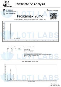 Certificate of Analysis for Prostamax 20mg with HPLC purity test and mass spectrometry results, showing chromatogram and mass spectrum graphs, issued by S.R. Bio Labs for Loti Labs.