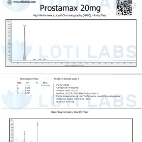 Certificate of Analysis for Prostamax 20mg with HPLC purity test and mass spectrometry results, showing chromatogram and mass spectrum graphs, issued by S.R. Bio Labs for Loti Labs.