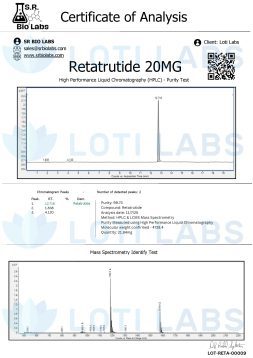 Certificate of Analysis for Retratitude 20MG showing HPLC and mass spectrometry purity test results, chromatogram peaks, and compound information from SR Bio Labs for client Loti Labs.