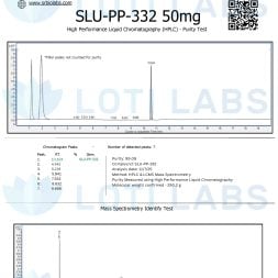 Certificate of analysis for SLU-PP-332 50mg, showing HPLC purity test and mass spectrometry results with graphs and assay data from SR Bio Labs.
