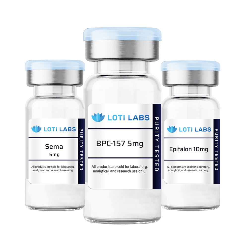 Three glass vials labeled "Sema 5mg," "BPC-157 5mg," and "Epitalon 10mg" from Loti Labs, intended for laboratory and research use—your trusted source to buy peptides for scientific study.