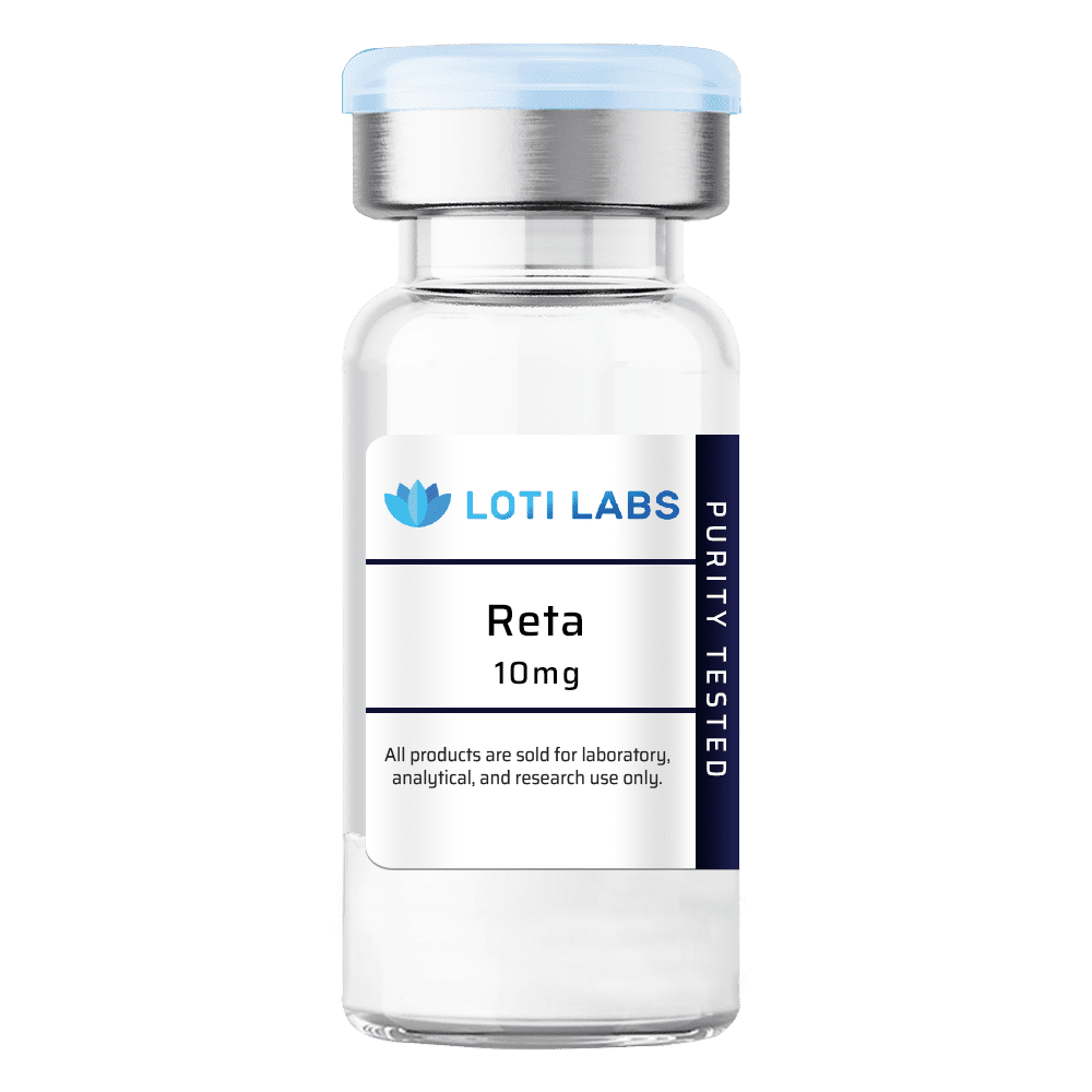A clear vial labeled "LOTI LABS Reta 10mg," containing retatrutide, with a blue cap and "Purity Tested" on the side; text at the bottom states for laboratory and research use only.