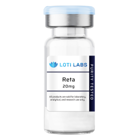 A clear glass vial labeled "Loti Labs Reta20mg," featuring a blue cap and text indicating the product contains reta for laboratory, analytical, and research use only.