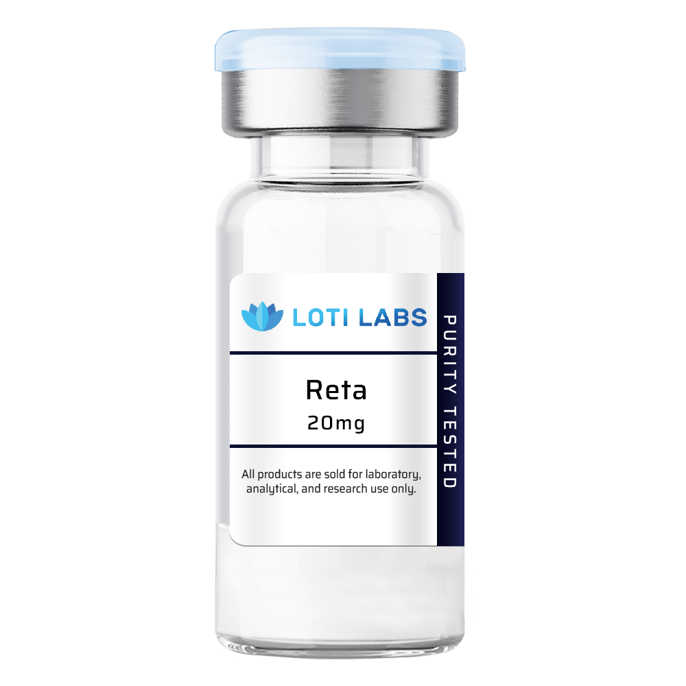 A clear glass vial labeled "Loti Labs Reta20mg," featuring a blue cap and text indicating the product contains reta for laboratory, analytical, and research use only.
