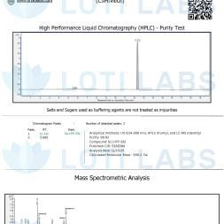 Certificate of analysis for SLU-PP-332 Liquid (25mg/ml) includes HPLC purity graph, chemical formula, mass spectrometry data, and product details from SR Bio Labs.