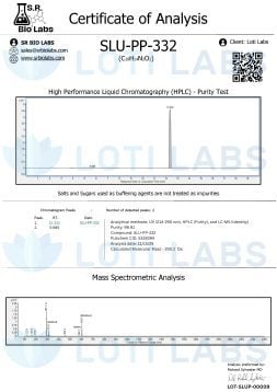 Certificate of analysis for SLU-PP-332 Liquid (25mg/ml) includes HPLC purity graph, chemical formula, mass spectrometry data, and product details from SR Bio Labs.
