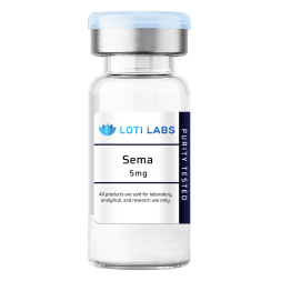 A clear vial labeled "Loti Labs Sema 5mg," with "Purity Tested" on the side, indicates it is for laboratory, analytical, and research use only.