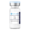 A clear vial labeled "Loti Labs Tirz 10mg" with a blue cap, for laboratory, analytical, and research use only.