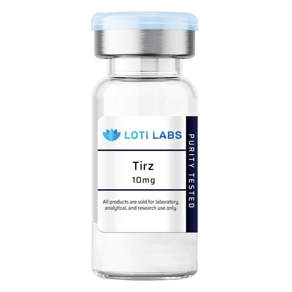 A clear vial labeled "Loti Labs Tirz 10mg" with a blue cap, for laboratory, analytical, and research use only.