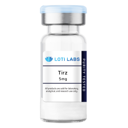 A clear vial labeled “Tirz 5mg” with a blue and white label stating “Purity Tested” and text noting it is for laboratory, analytical, and research use only.
