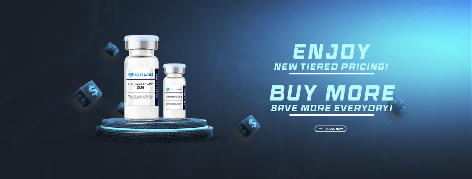 Two medical vials labeled "ULTI LABS" on a futuristic platform with text promoting new tiered pricing and bulk savings on a blue digital background.