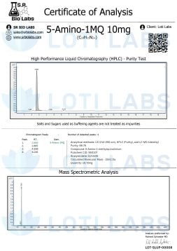 5-amino-1MQ 10mg 2 Certificate of Analysis for 5-Amino-1MQ 10mg showing HPLC and mass spectrometry results, with chromatograms, chemical data, and company details.