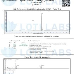 Certificate of analysis for a CJC-1295 and Ipamorelin blend, showing HPLC purity and mass spectrometry data with detailed measurements and product information.
