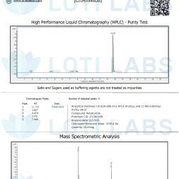 Certificate of Analysis for Retratrutide 10mg showing HPLC purity test and mass spectrometry analysis with purity of 90.47%.