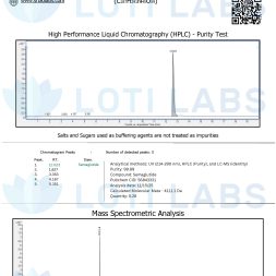 Certificate of Analysis for Semaglutide 5mg showing HPLC and MS analysis data, purity at 99.49%, and chromatograms with test details and SR Bio Labs branding.