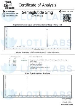 Certificate of Analysis for Semaglutide 5mg showing HPLC and MS analysis data, purity at 99.49%, and chromatograms with test details and SR Bio Labs branding.