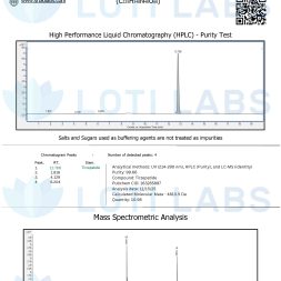Certificate of analysis for Tirzepatide 10mg showing HPLC purity test and mass spectrometric analysis data, issued by S.R. Bio Labs with relevant graphs and details.