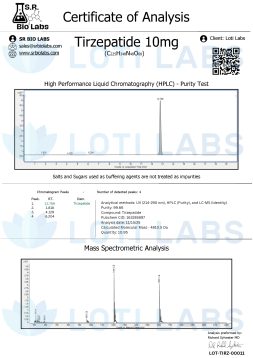 Certificate of analysis for Tirzepatide 10mg showing HPLC purity test and mass spectrometric analysis data, issued by S.R. Bio Labs with relevant graphs and details.