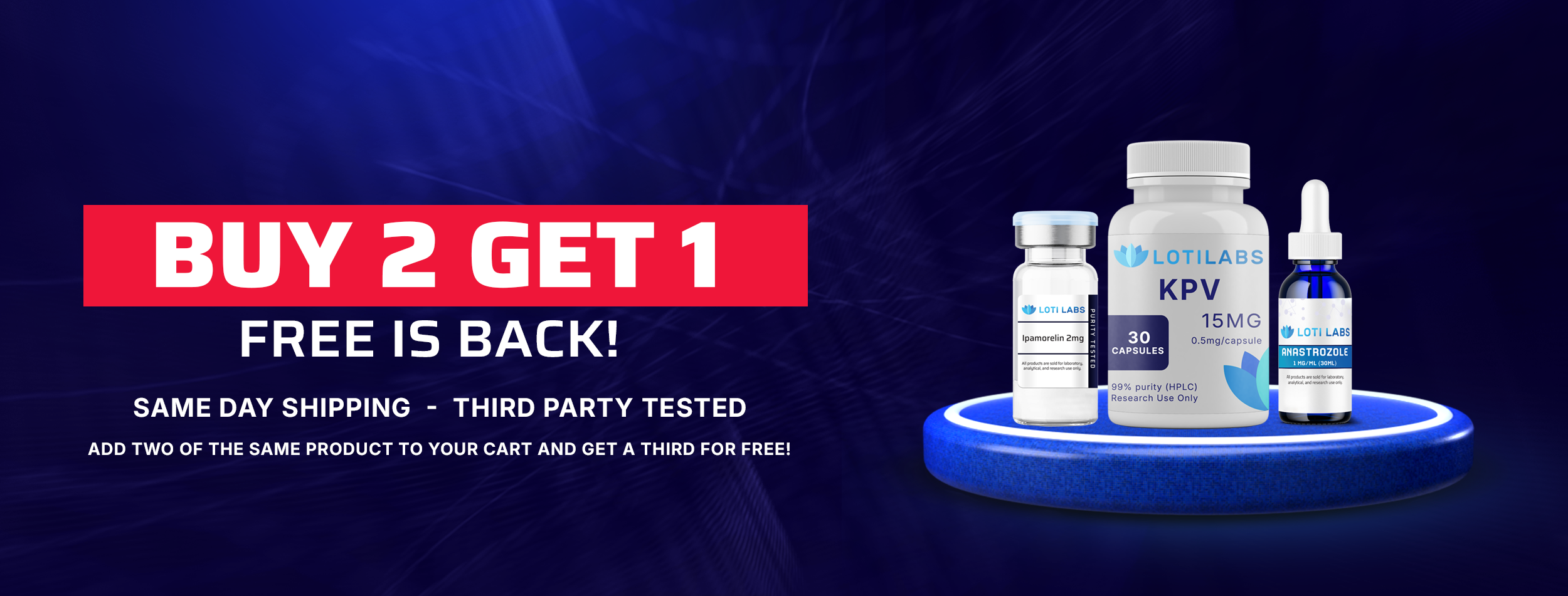 Promotional banner for Loti Labs showing "Buy 2 Get 1 Free" offer on supplements. Images of capsules and a dropper bottle on a blue platform invite you to buy peptides and boost your wellness journey.