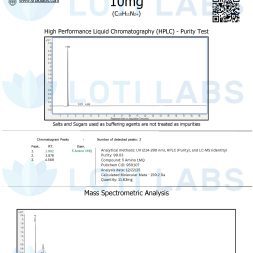 Certificate of Analysis for 5 Amino 1MQ 10mg shows HPLC purity test results and mass spectrometric analysis with chemical formula C6H8N2.