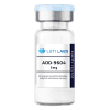 A clear vial labeled "LOTI LABS AOD-9604 5mg" with text noting it is for laboratory, analytical, and research use only.
