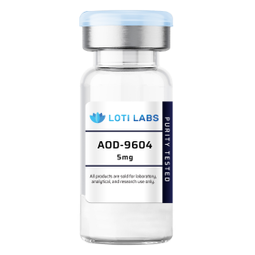 A clear vial labeled "LOTI LABS AOD-9604 5mg" with text noting it is for laboratory, analytical, and research use only.
