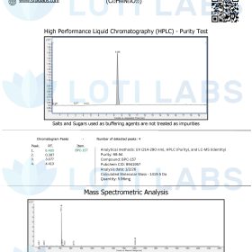Certificate of analysis for BPC-157 5mg, showing HPLC purity test results of 99.46% and mass spectrometric data, issued by SR Bio Labs for Loti Labs.