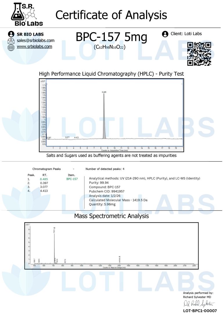 Certificate of analysis for BPC-157 5mg, showing HPLC purity test results of 99.46% and mass spectrometric data, issued by SR Bio Labs for Loti Labs.