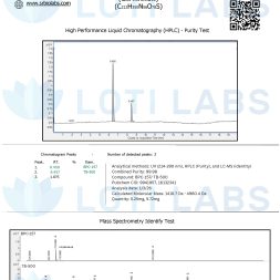 BPC-157 5mg / TB-500 5mg (blend) 3 Certificate of analysis showing HPLC and mass spectrometry test results for BPC-157/TB-500 5/5MG, with chromatography graphs and compound purity data from SR Bio Labs.