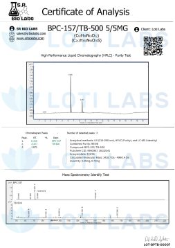 BPC-157 5mg / TB-500 5mg (blend) 2 Certificate of analysis showing HPLC and mass spectrometry test results for BPC-157/TB-500 5/5MG, with chromatography graphs and compound purity data from SR Bio Labs.