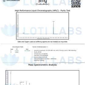 Certificate of analysis for CJC W/DAC 5mg showing HPLC purity test results and mass spectrometric analysis from SR Bio Labs, with compound and testing details.