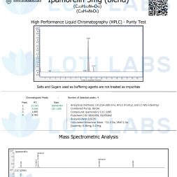 Certificate of analysis for CJC-1295/Ipamorelin blend showing HPLC purity test and mass spectrometric analysis results with structural diagrams and company information.