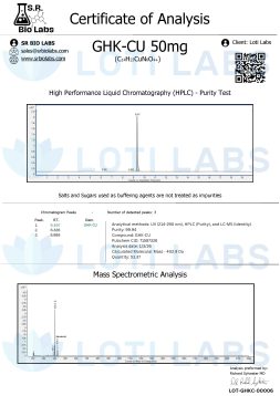 GHK-Cu 50mg 2 Certificate of analysis for GHK-CU 50mg showing HPLC purity test graph and mass spectrometry analysis details for Loti Labs, including compound purity and molecular weight.