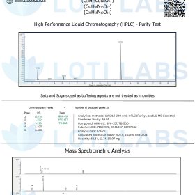 Certificate of analysis for GLOW 70mg showing HPLC purity and mass spectrometry data, with compound formula C12H21CuN8O4 and test results displayed in graphs.