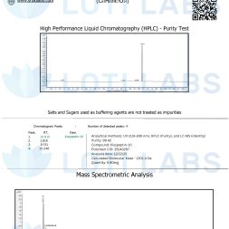 Certificate of analysis for Kisspeptin-10 5mg showing HPLC purity test and mass spectrometric analysis results from SR Bio Labs.