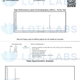 Certificate of analysis for Kisspeptin-10 5mg showing HPLC purity test and mass spectrometric analysis results from SR Bio Labs.
