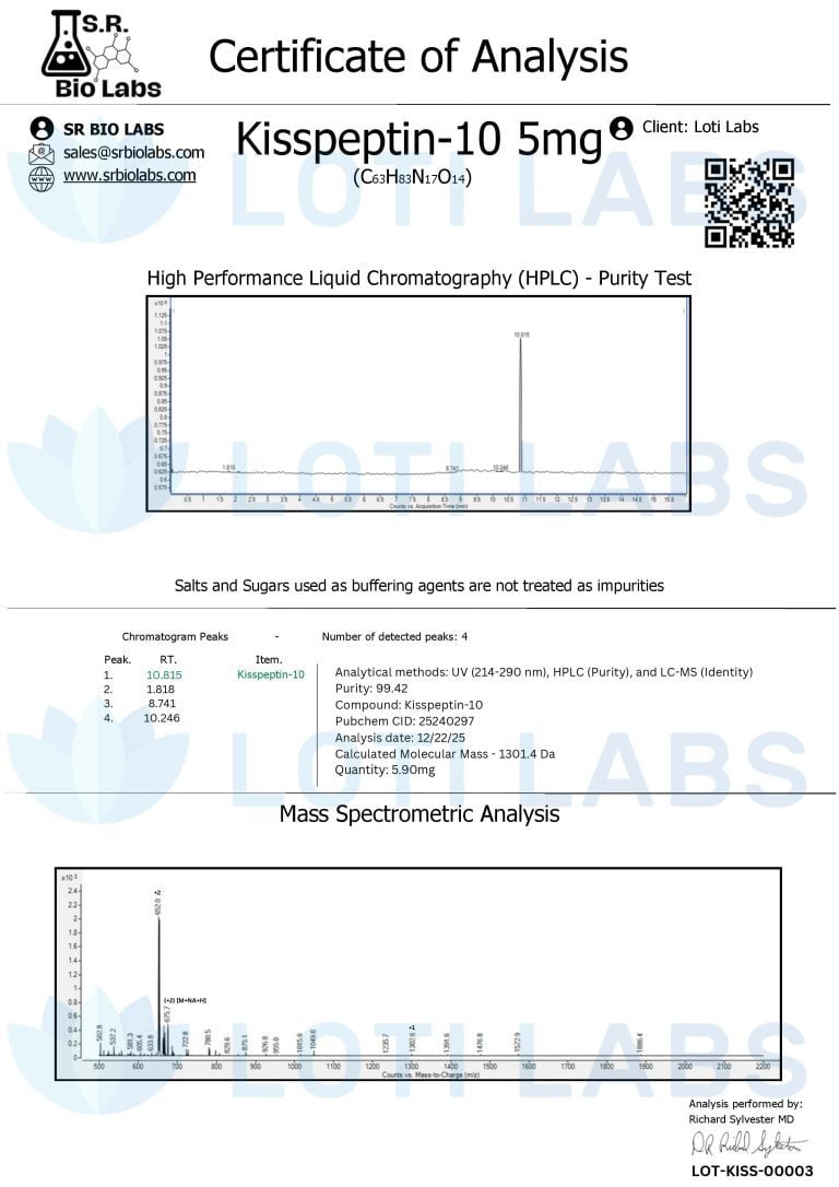 Certificate of analysis for Kisspeptin-10 5mg showing HPLC purity test and mass spectrometric analysis results from SR Bio Labs.