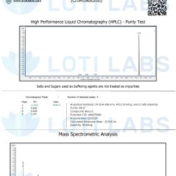 Certificate of Analysis for Mots-C 10mg showing HPLC purity test graph, mass spectrometric analysis, and compound details for Loti Labs.