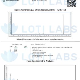 Certificate of Analysis for Mots-C 10mg showing HPLC purity test graph, mass spectrometric analysis, and compound details for Loti Labs.