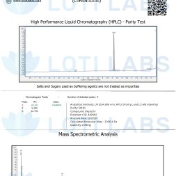 Certificate of Analysis for Oxytocin 2mg showing HPLC purity test with a single main peak and mass spectrometric analysis confirming molecular mass.