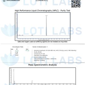 Certificate of analysis for PT-141 10mg showing HPLC purity test and mass spectrometric analysis with purity at 99.90% and main peak at retention time 7.547.