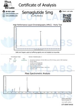 Certificate of analysis for Semaglutide 5mg showing HPLC purity test chromatogram, mass spectrometric analysis, molecular mass, and company information.