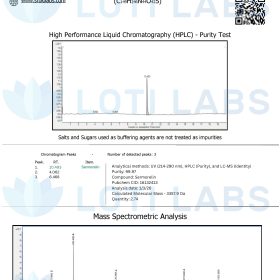 Certificate of analysis for Sermorelin 2mg showing HPLC purity test results and mass spectrometric analysis with corresponding data and graphs.