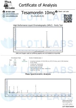 Tesamorelin 10mg 2 Certificate of analysis for Tesamorelin 10mg showing HPLC purity test graph, mass spectrometry data, and product details from SR Bio Labs.