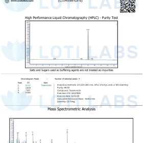 Certificate of analysis for Tesamorelin 10mg showing HPLC purity test graph, mass spectrometry data, and product details from SR Bio Labs.