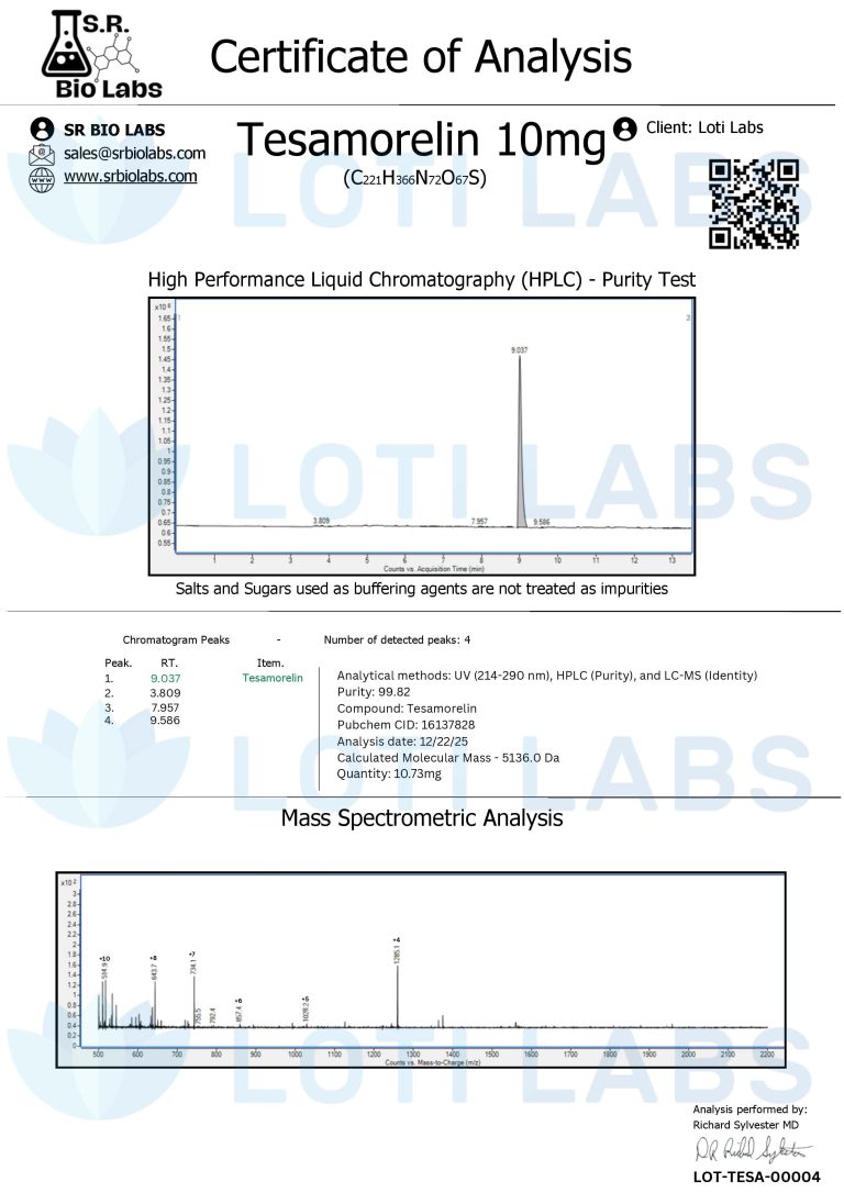 Certificate of analysis for Tesamorelin 10mg showing HPLC purity test graph, mass spectrometry data, and product details from SR Bio Labs.