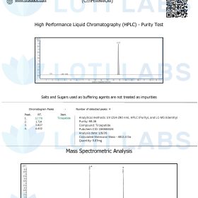 Certificate of analysis for Tirzepatide 5mg showing HPLC purity test results, chromatogram, chemical data, and mass spectrometry analysis, issued by SR Bio Labs for Loti Labs.